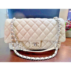 100% AUTHENTIC CHANEL CLASSIC EASY FLAP JUMBO CAVIAR BAG BEIGE QUILTED SILVER